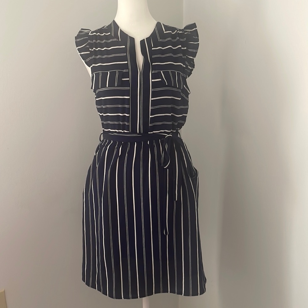 Monteau dress, navy and white striped with sash, flutter sleeve, size M, NWOT